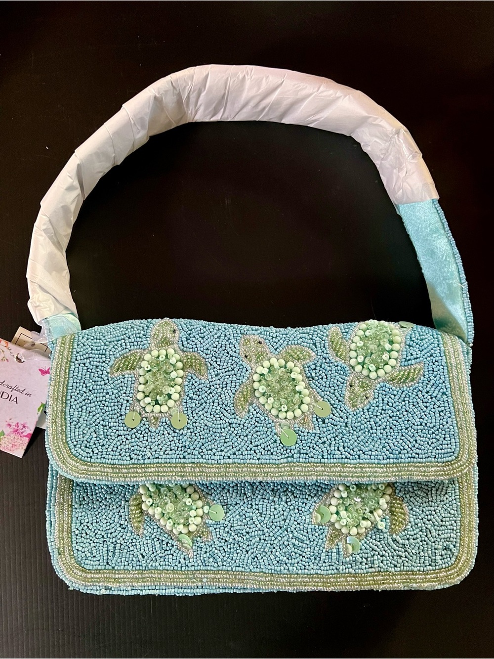 Stunning Beaded Sea Turtle Shoulder Bag in Aqua